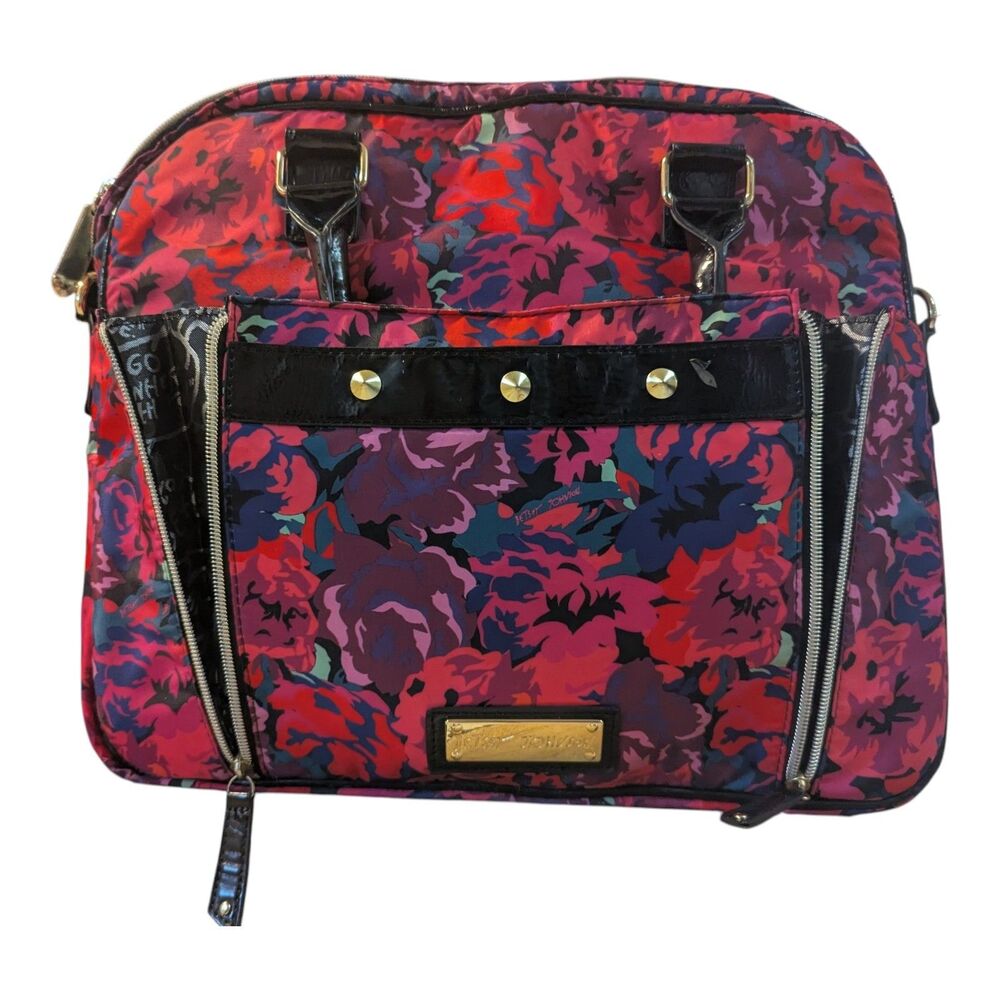 Betsey Johnson Eccentric Floral Laptop Satchel Patent Faux Leather Gold Work Bag